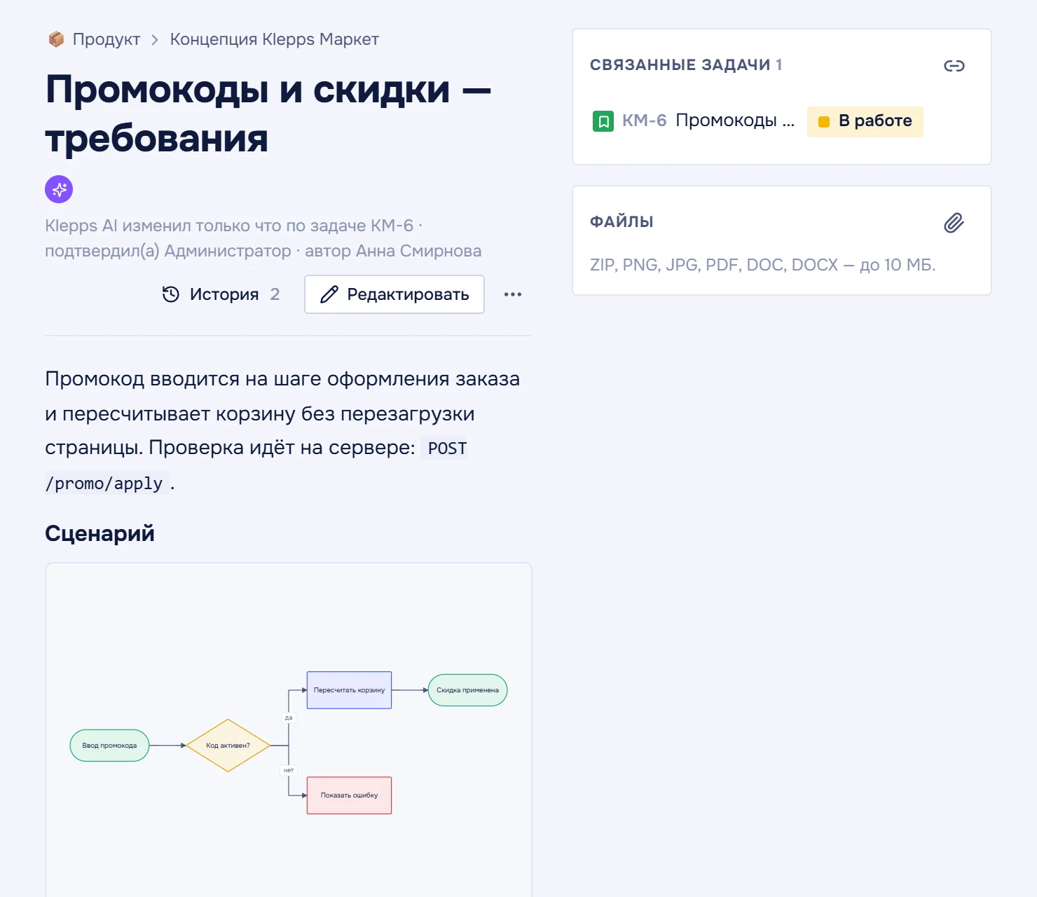 Страница документа со схемой в тексте и блоком «Связанные задачи» со статусом задачи KM-6